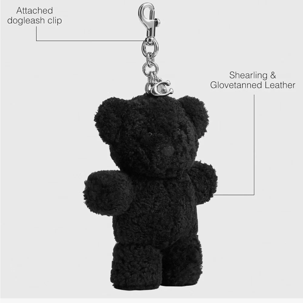 Coach Black Shearling Teddy Bear Bag Charm Keyring with Silver Hardware NWT